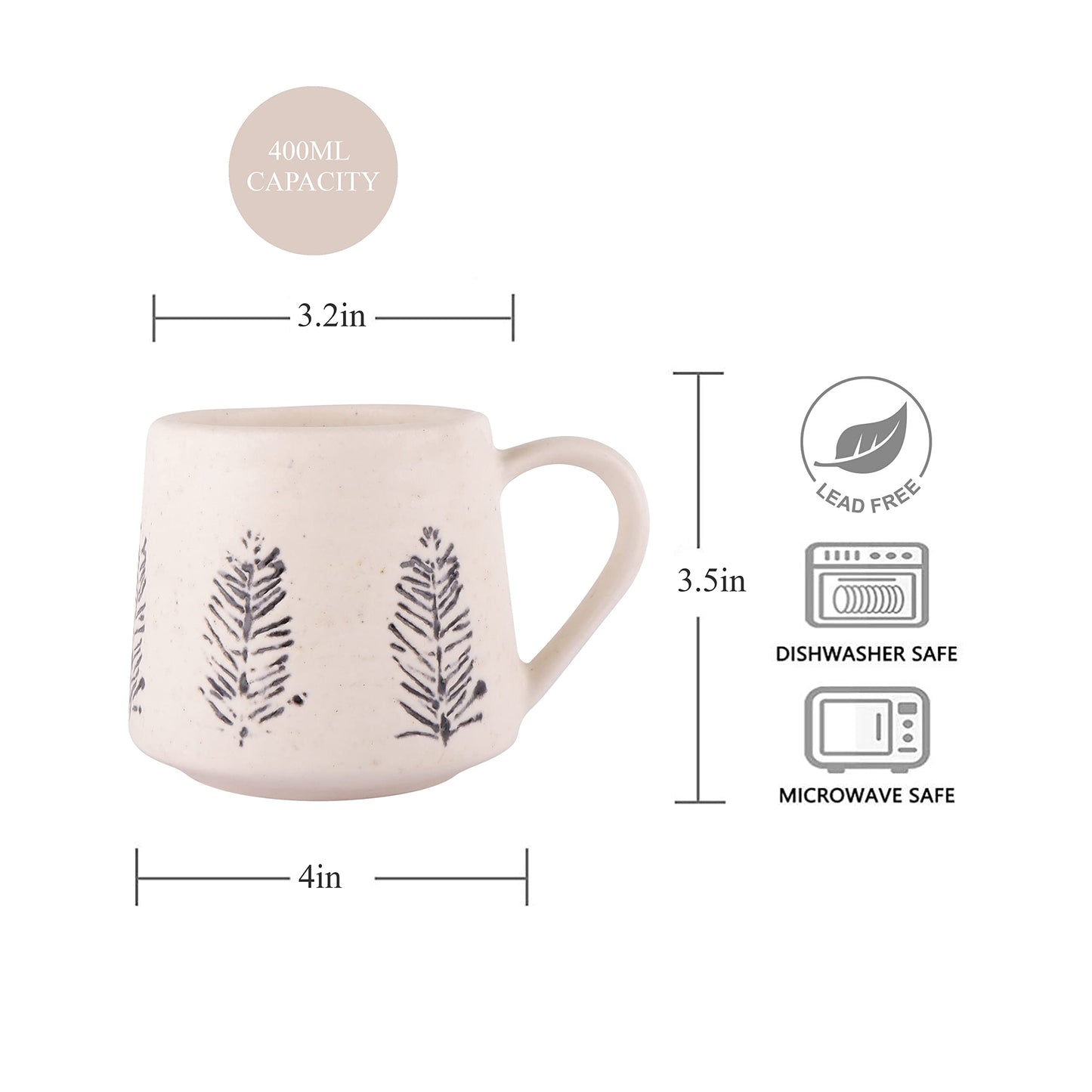 Exotic Elements Premium Handcrafted Stoneware Ceramic Coffee Mug | Perfect for Tea, Coffee, Cappuccino, Latte | 400ML (Snowy White)