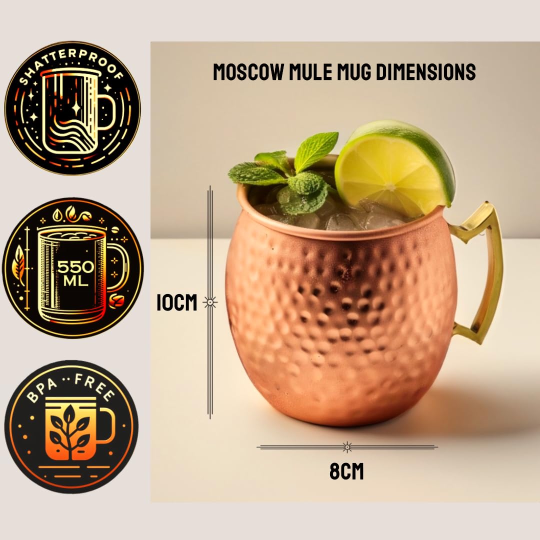 Exotic Elements Cocktail & Beer Mugs | 100% Pure Copper with Anticorrosive Nickel Coating inside | Set of 2, 550ML each (Hammered Finish)
