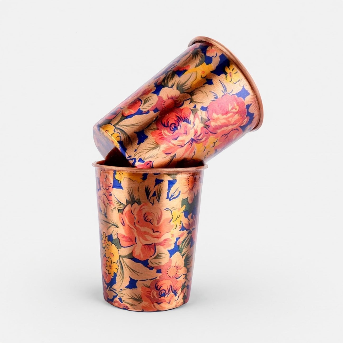 Exotic Elements Mīnākārī Art Designer Copper Tumblers | Immunity Booster, Protects Liver | Set of 2, 300ML each (Floral Sky)