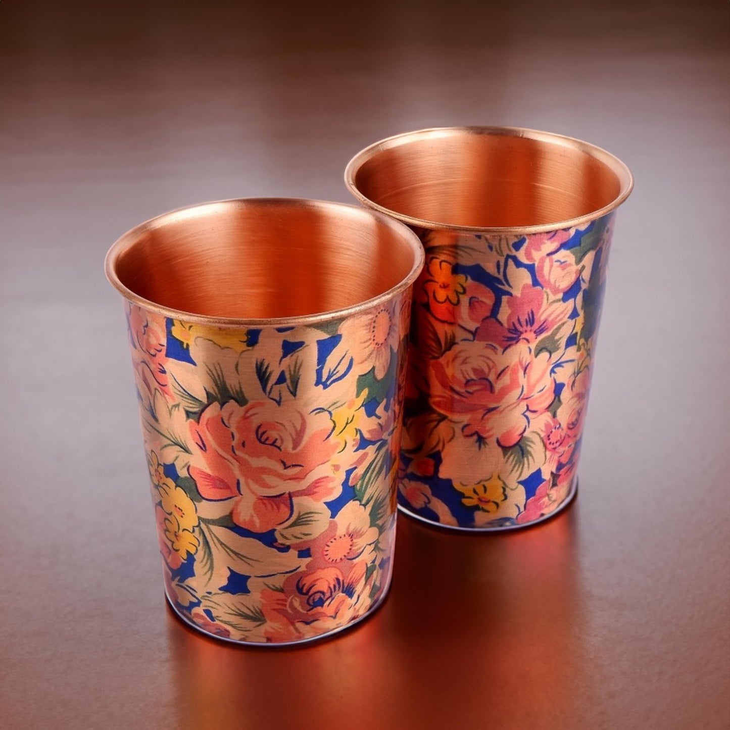 Exotic Elements Mīnākārī Art Designer Copper Tumblers | Immunity Booster, Protects Liver | Set of 2, 300ML each (Floral Sky)