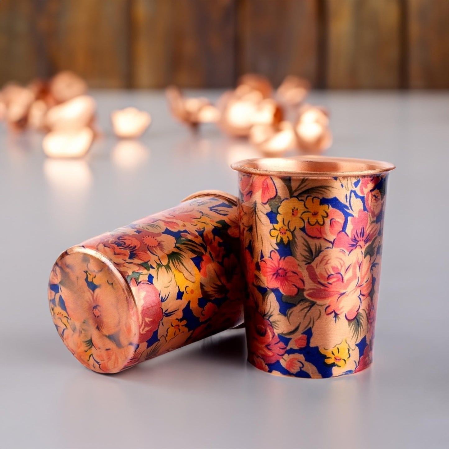Exotic Elements Mīnākārī Art Designer Copper Tumblers | Immunity Booster, Protects Liver | Set of 2, 300ML each (Floral Sky)