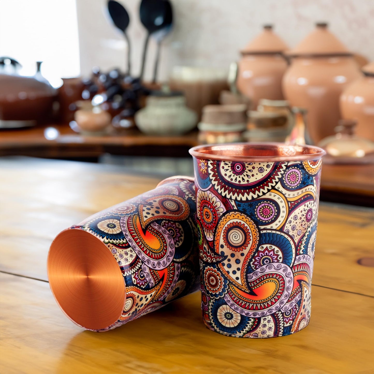 Exotic Elements Mīnākārī Art Designer Copper Tumblers | Immunity Booster, Protects Liver | Set of 2, 300ML each (Paisley Cream)
