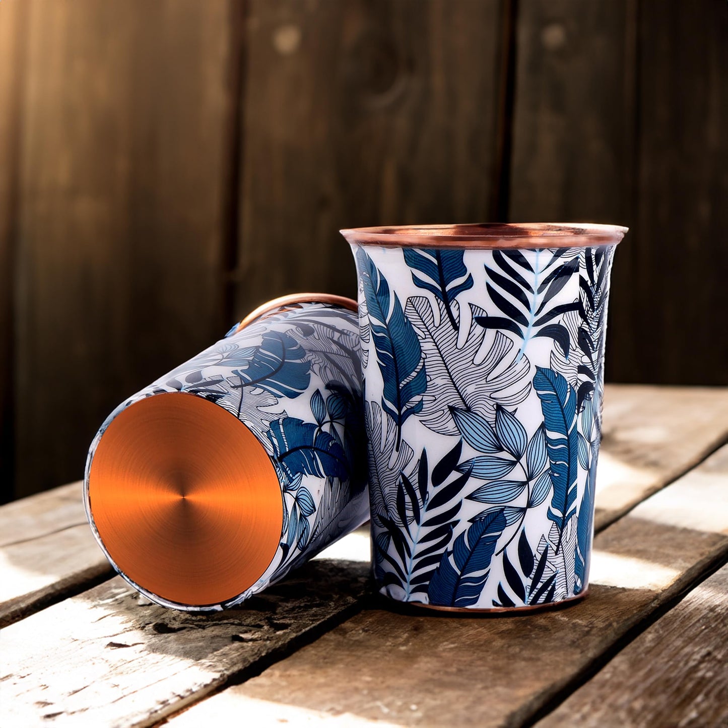 Exotic Elements Mīnākārī Art Designer Copper Tumblers | Set of 2, 300ML each | Immunity Booster, Protects Liver (Leafy Teal)
