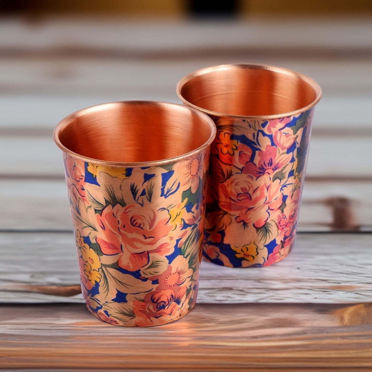 Exotic Elements Mīnākārī Art Designer Copper Tumblers | Immunity Booster, Protects Liver | Set of 2, 300ML each (Floral Sky)