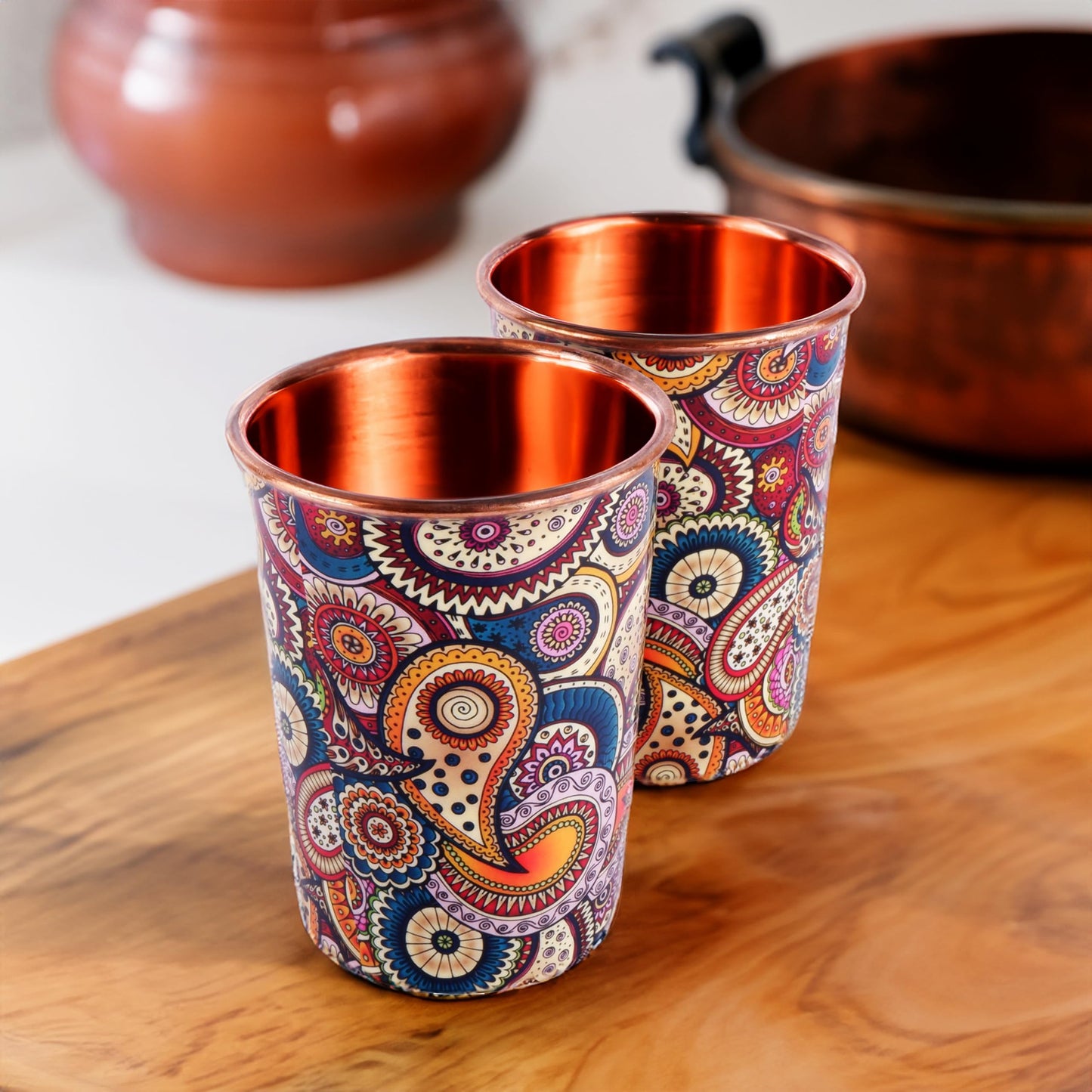 Exotic Elements Mīnākārī Art Designer Copper Tumblers | Immunity Booster, Protects Liver | Set of 2, 300ML each (Paisley Cream)