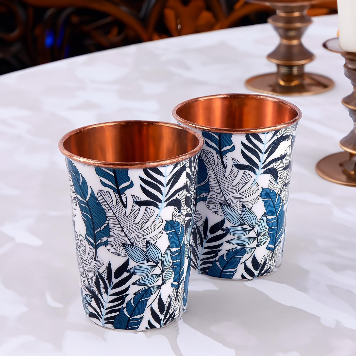 Exotic Elements Mīnākārī Art Designer Copper Tumblers | Set of 2, 300ML each | Immunity Booster, Protects Liver (Leafy Teal)