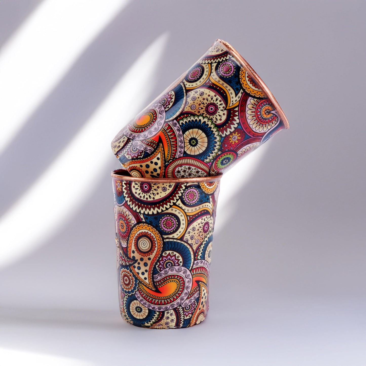 Exotic Elements Mīnākārī Art Designer Copper Tumblers | Immunity Booster, Protects Liver | Set of 2, 300ML each (Paisley Cream)