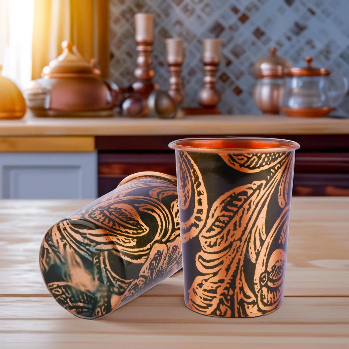 Exotic Elements Mīnākārī Art Designer Copper Tumblers | Immunity Booster, Protects Liver | Set of 2, 300ML each (Roaring Green)