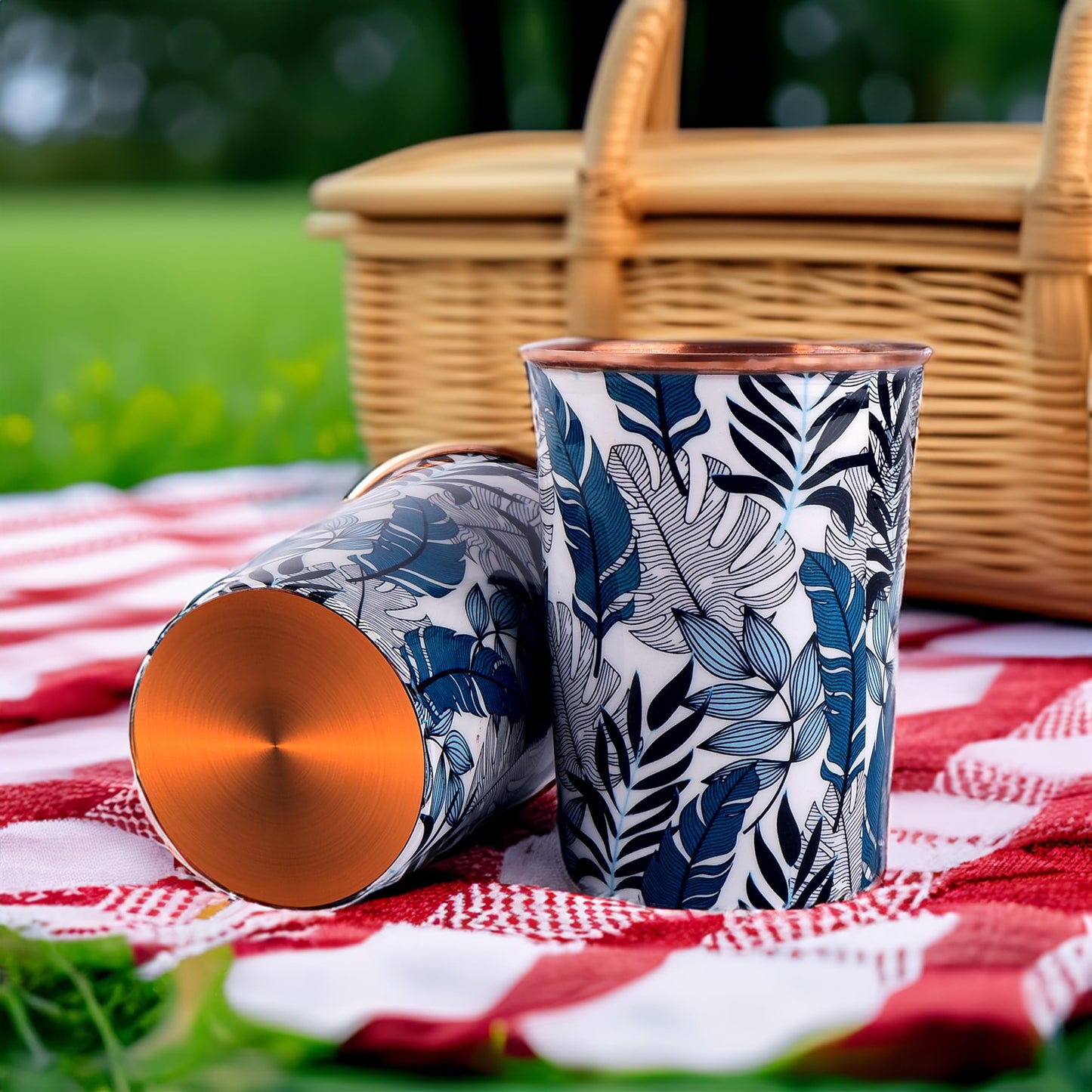 Exotic Elements Mīnākārī Art Designer Copper Tumblers | Set of 2, 300ML each | Immunity Booster, Protects Liver (Leafy Teal)