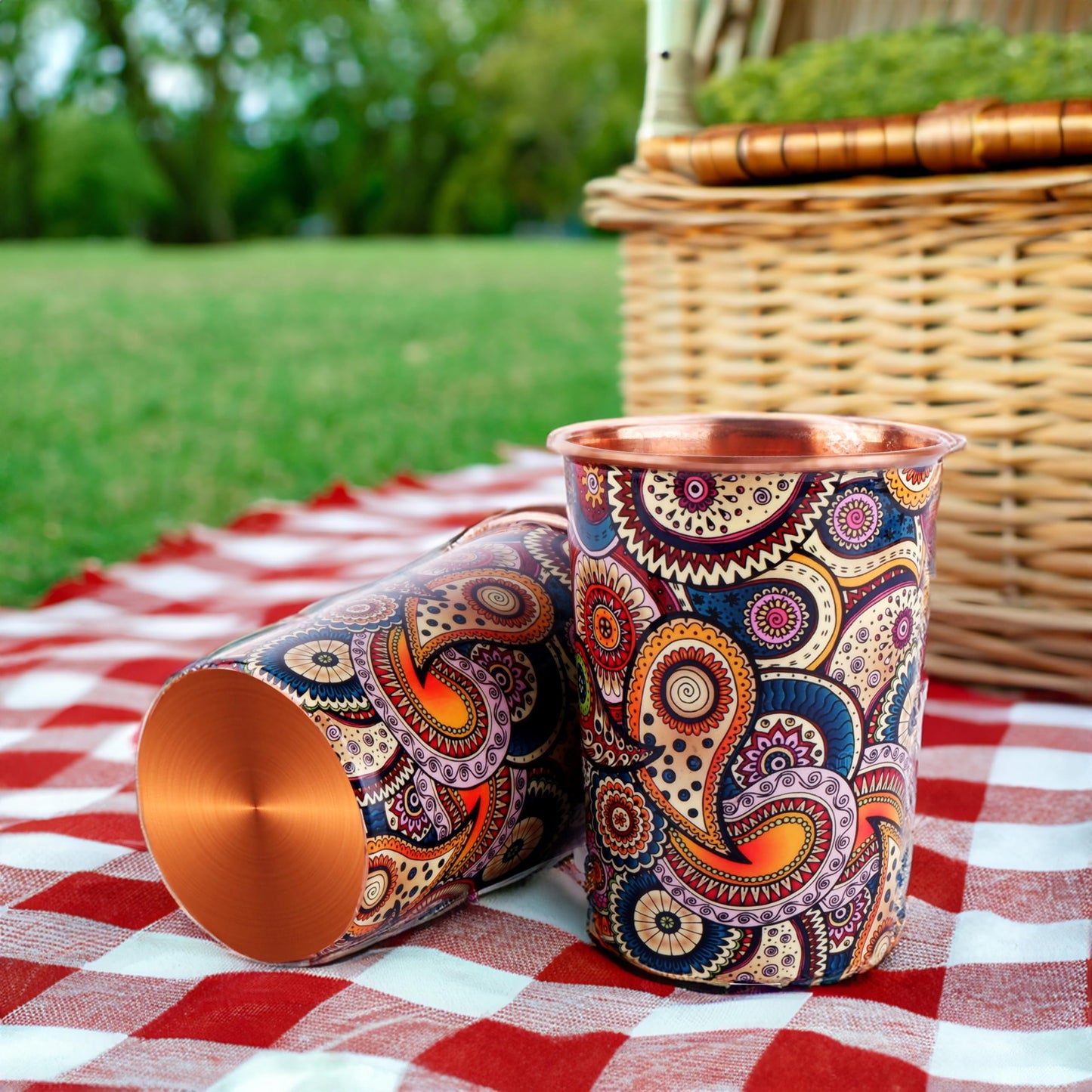 Exotic Elements Mīnākārī Art Designer Copper Tumblers | Immunity Booster, Protects Liver | Set of 2, 300ML each (Paisley Cream)