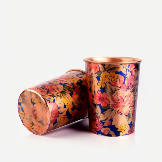 Exotic Elements Mīnākārī Art Designer Copper Tumblers | Immunity Booster, Protects Liver | Set of 2, 300ML each (Floral Sky)