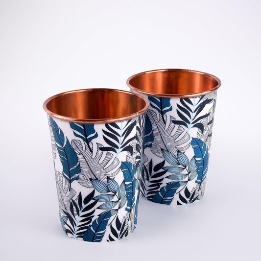 Exotic Elements Mīnākārī Art Designer Copper Tumblers | Set of 2, 300ML each | Immunity Booster, Protects Liver (Leafy Teal)