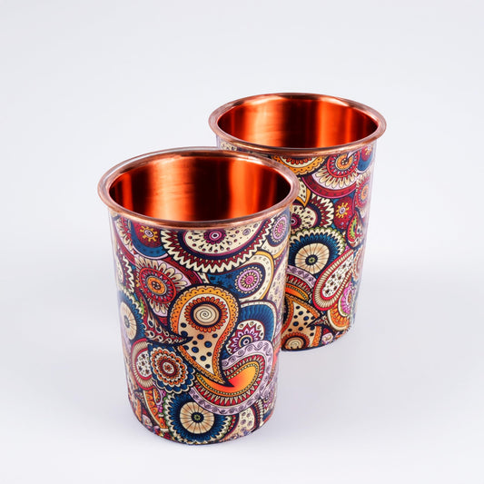 Exotic Elements Mīnākārī Art Designer Copper Tumblers | Immunity Booster, Protects Liver | Set of 2, 300ML each (Paisley Cream)